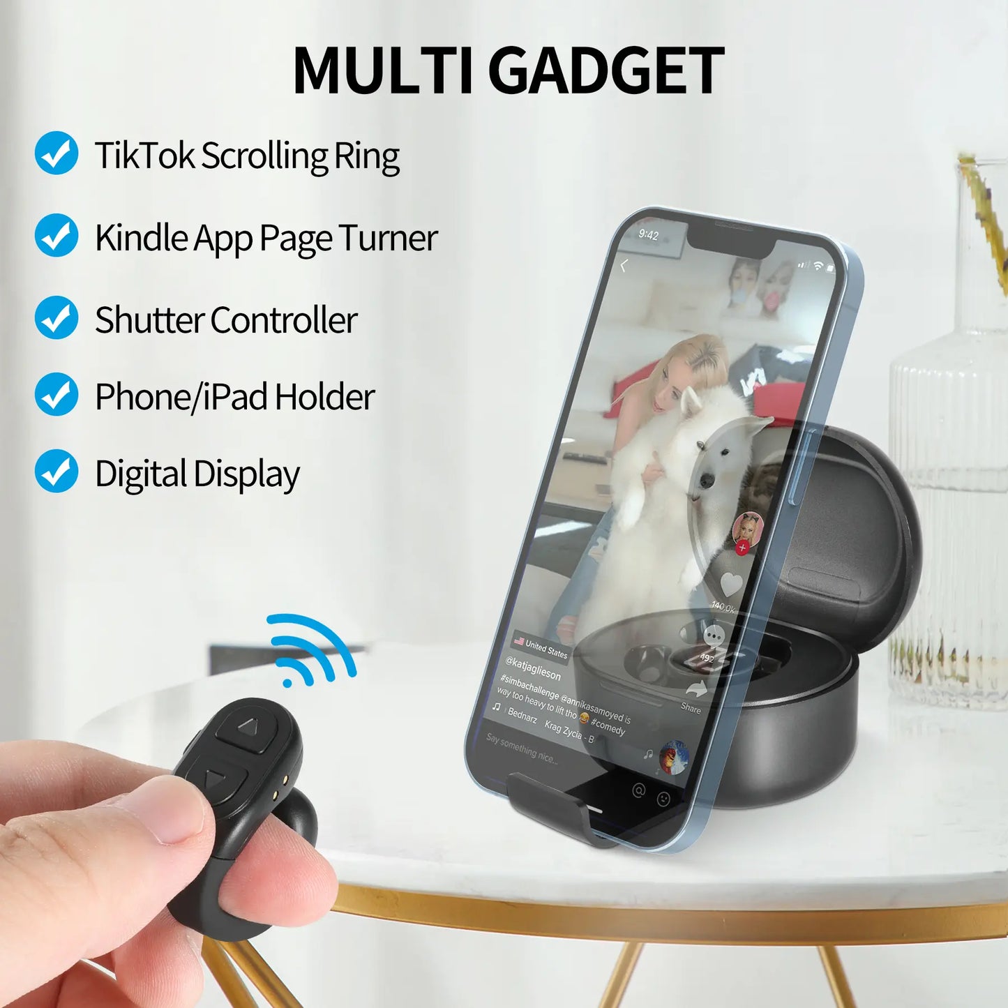 Tiktok Scrolling Ring with Phone Stand, Remote Control for Tiktok, Bluetooth Page Turner for Ipad/Kindle App/Iphone/Android, Finger Scroller, Black
