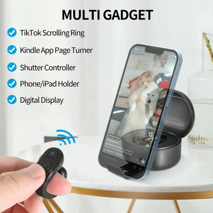 Tiktok Scrolling Ring with Phone Stand, Remote Control for Tiktok, Bluetooth Page Turner for Ipad/Kindle App/Iphone/Android, Finger Scroller, Black