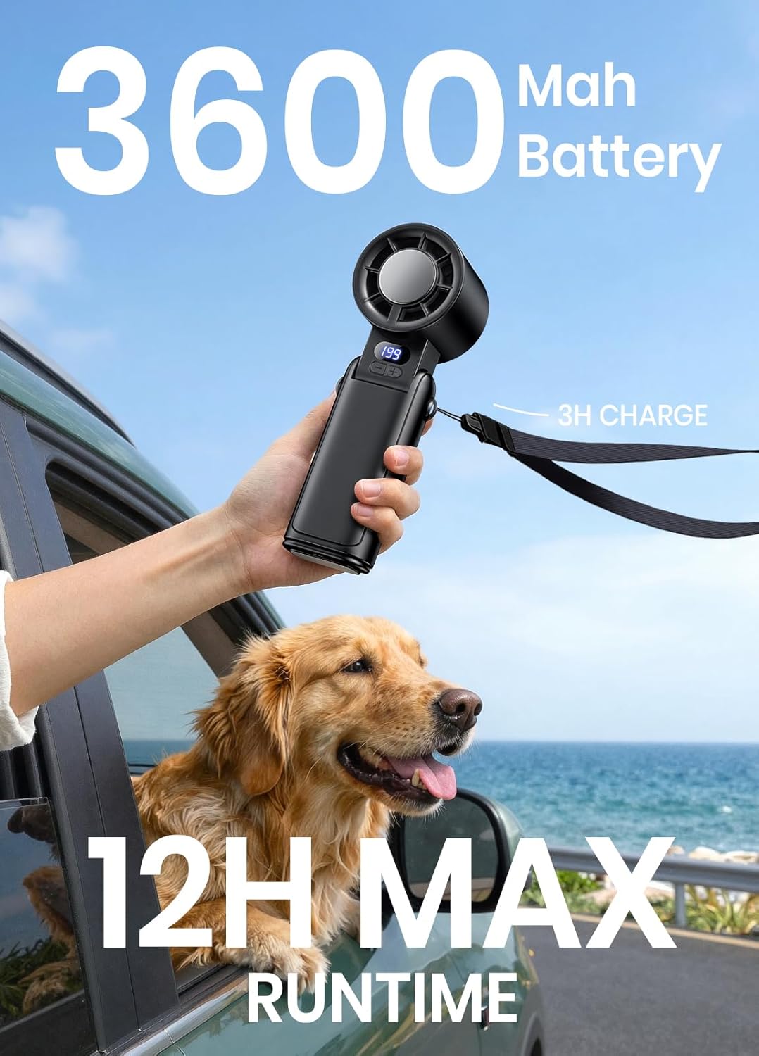 Portable Handheld Turbo Fan, 1-199 Speed Adjustable with LED Display, High-Power Motor, Rechargeable Battery, 4 in 1 Pocket Design Mini Fans for Indoor/Outdoor/Travel/Work, Black